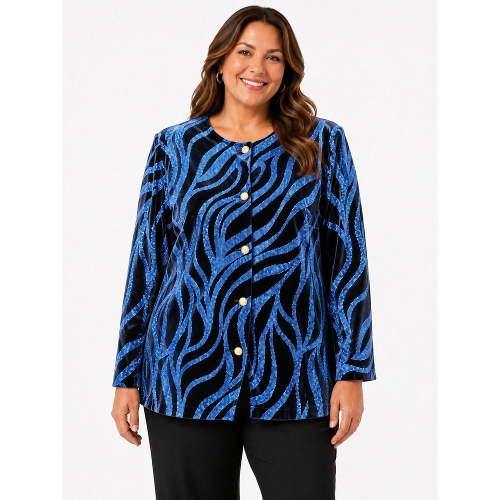 R&M Richards Jacket Womens 18 Blue Zebra Velvet Glitter Party Glam Cocktail Y2K